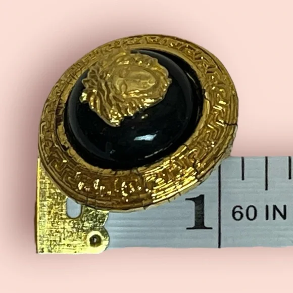 Gianni Versace Medusa Logo Vintage Clip On Earrings Black & Gold Tone - Picture 7 of 7